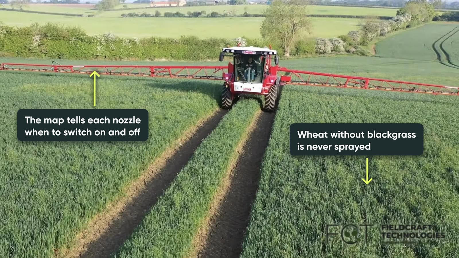 A sprayer working through winter wheat, spraying only the blackgrass patches