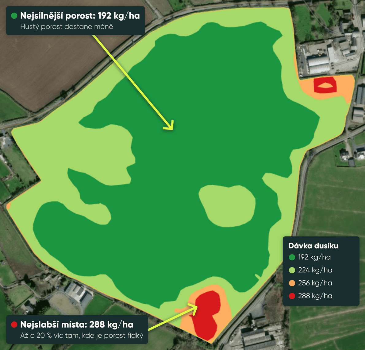 Aplikační mapa pole pšenice se čtyřmi zónami hnojení, 192 až 288 kg/ha