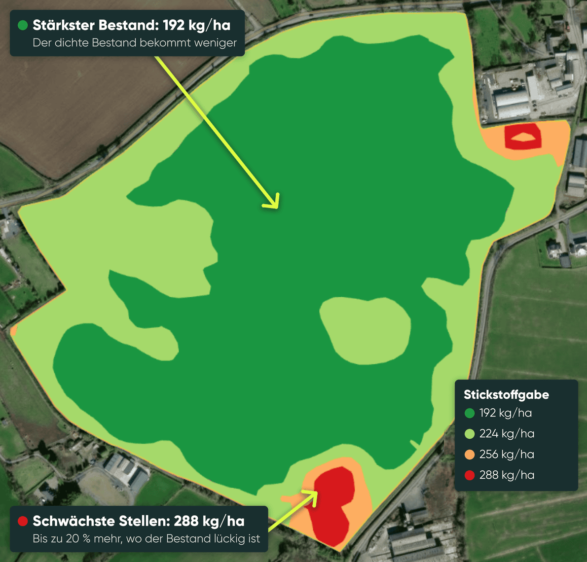 Applikationskarte eines Weizenschlags mit vier Düngezonen, 192 bis 288 kg/ha