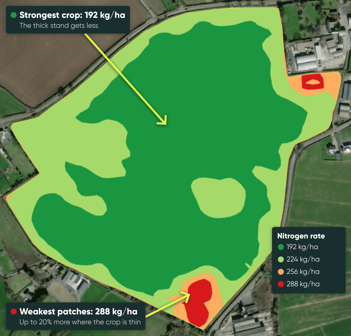 Prescription map of a wheat field with four fertilizer zones, 192 to 288 kg/ha