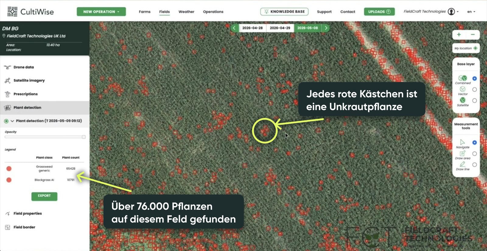 Karte in CultiWise, jede Ackerfuchsschwanz-Pflanze rot markiert