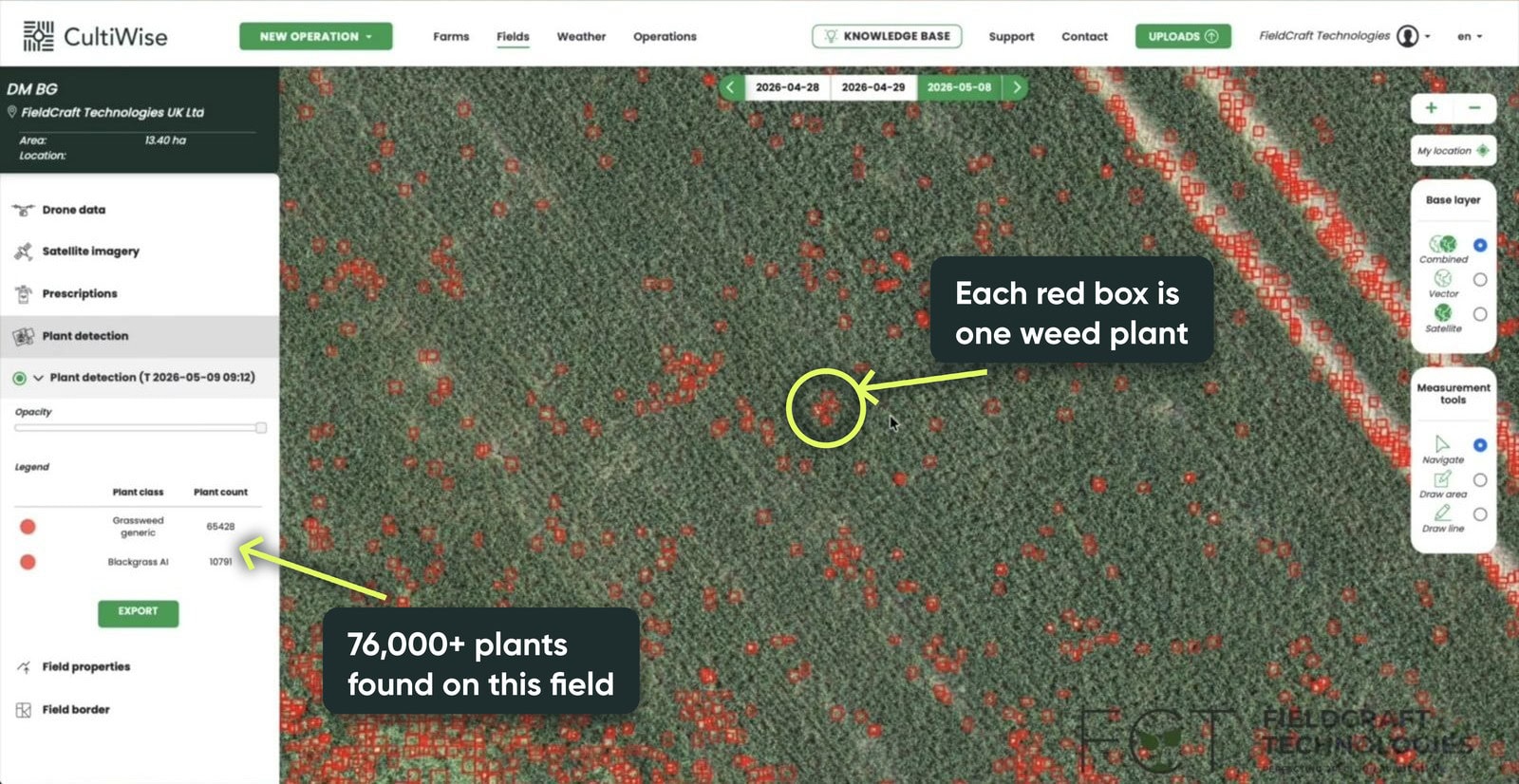CultiWise map with every blackgrass plant marked in red