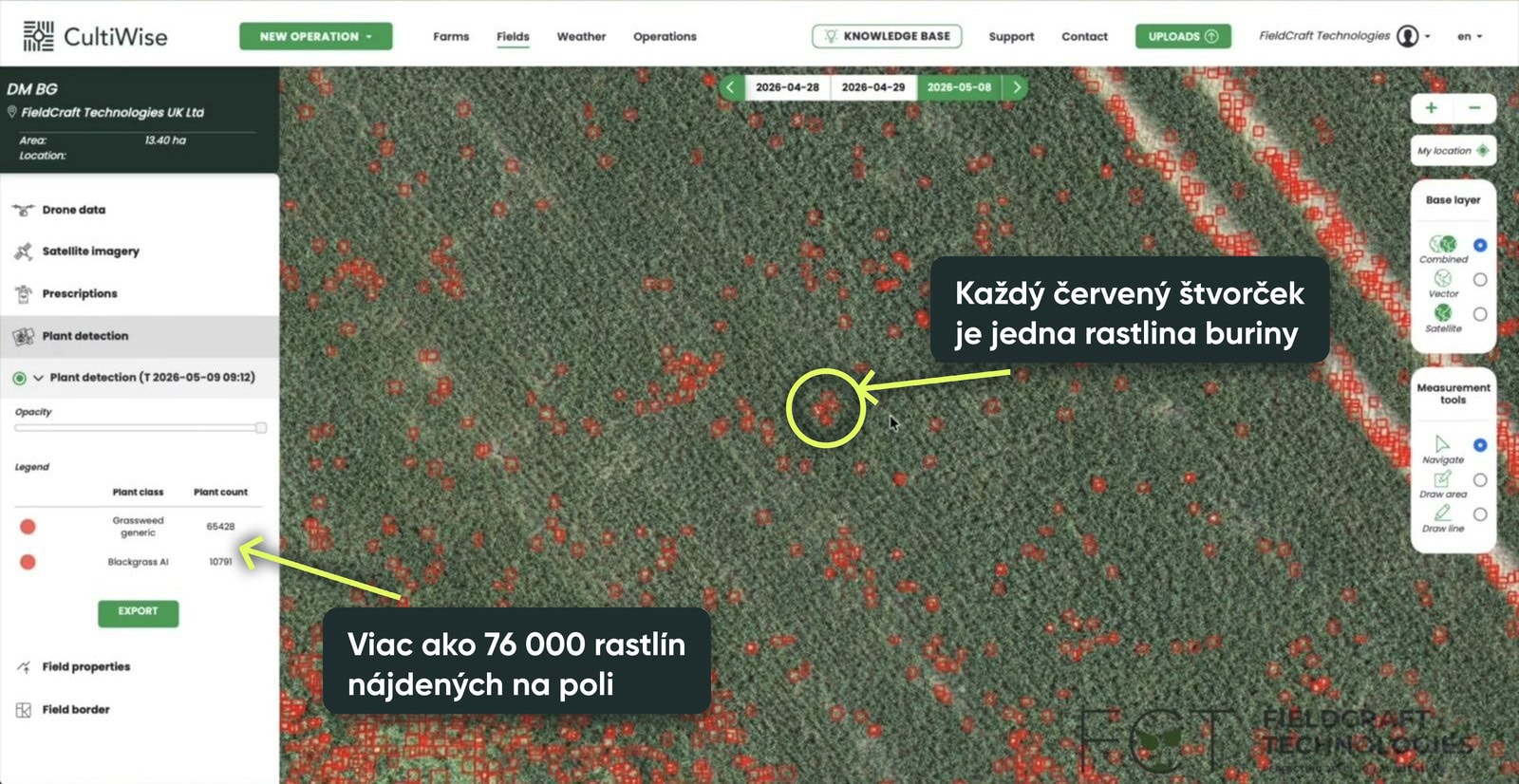 Mapa v CultiWise, každá rastlina psiarky je označená červenou