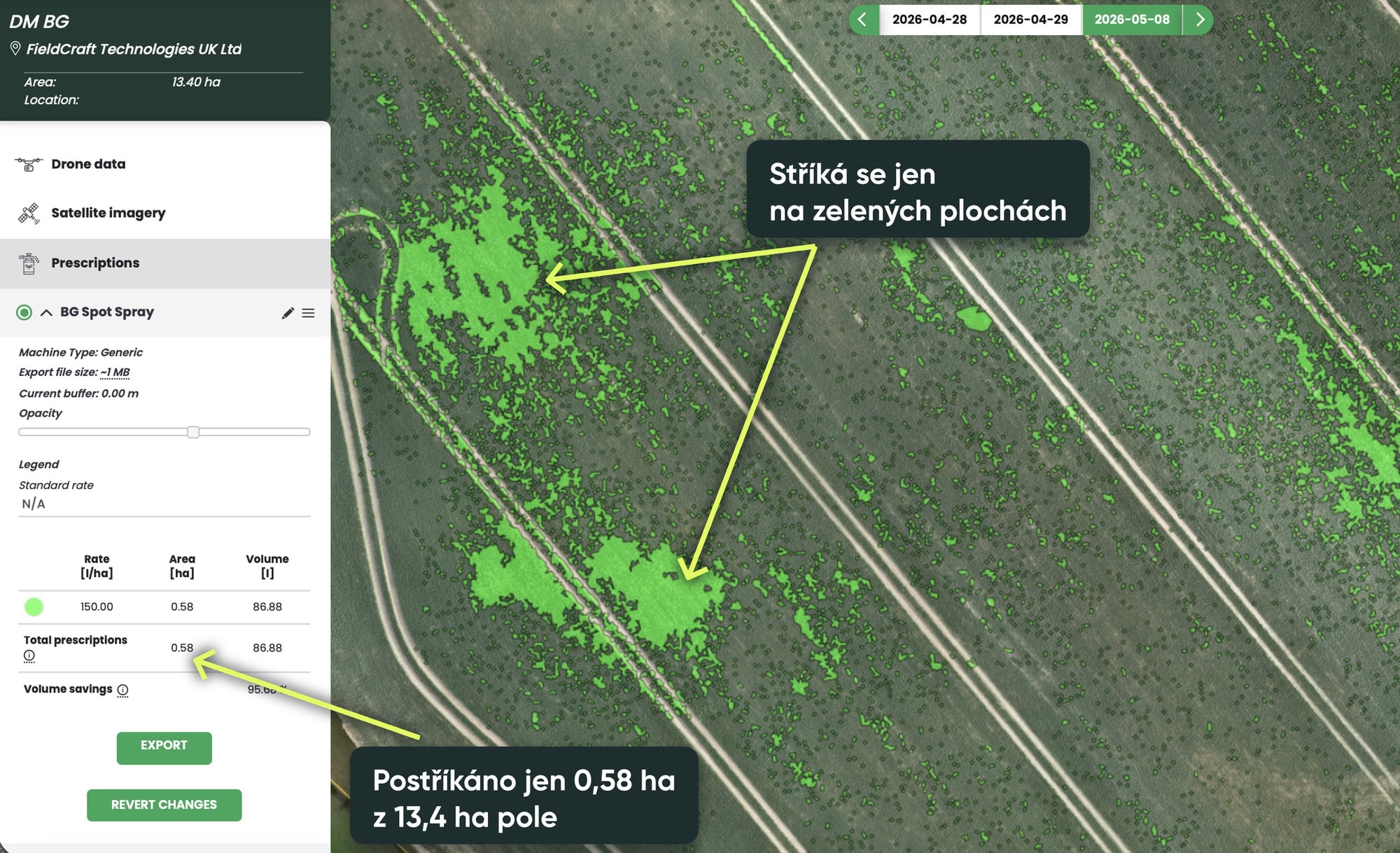 Aplikační mapa, stříká se jen na zelených plochách