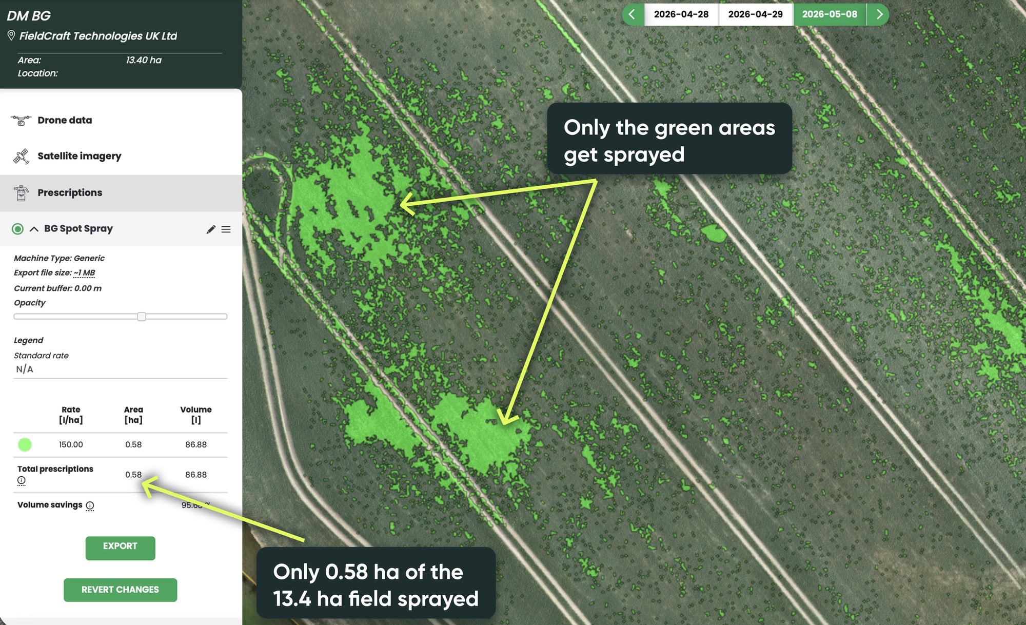 The spray map, green areas are the only places sprayed