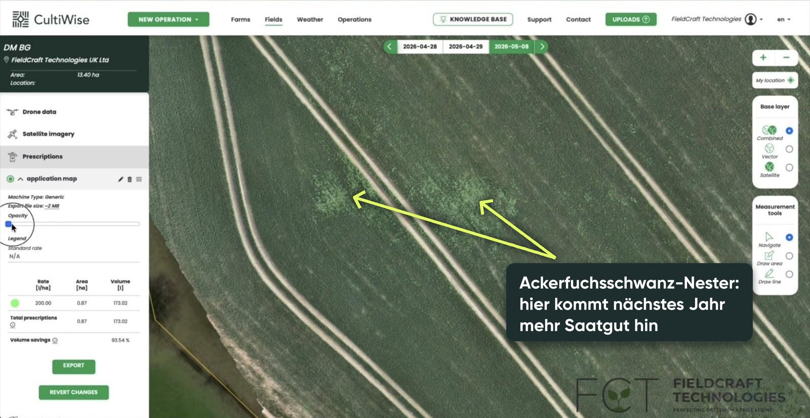 Das Feld in CultiWise, die Ackerfuchsschwanz-Nester sind heller