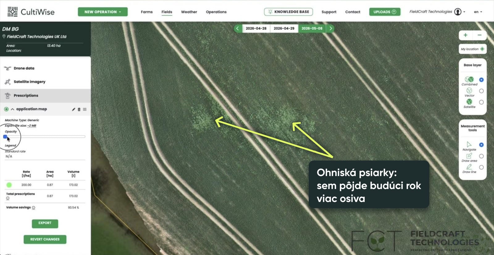 Pole v CultiWise, ohniská psiarky sú svetlejšie
