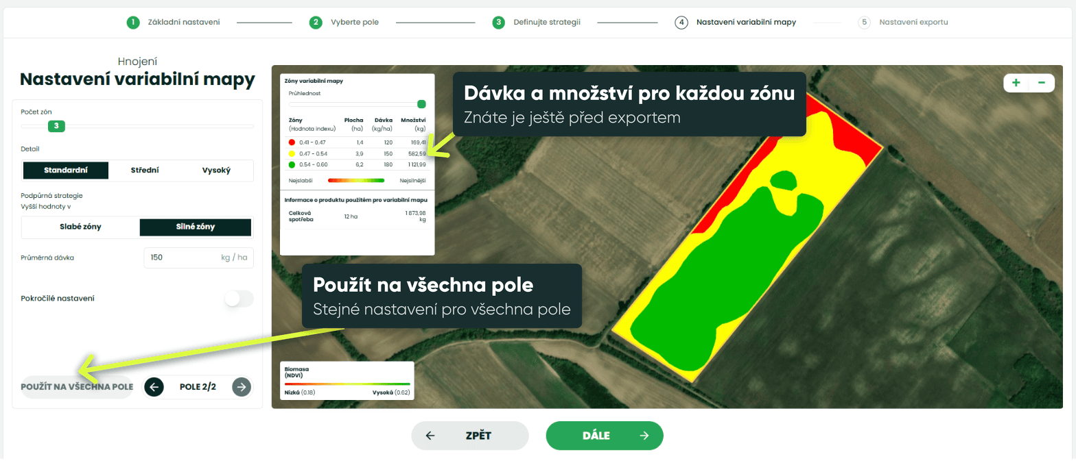 Nastavení mapy variabilního hnojení v portálu CultiWise s tlačítkem „Použít na všechna pole“