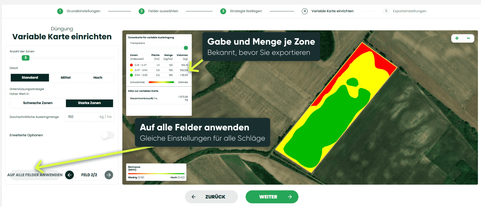 Einrichten einer Applikationskarte für die teilflächenspezifische Düngung im CultiWise-Portal, mit der Schaltfläche „Auf alle Felder anwenden“