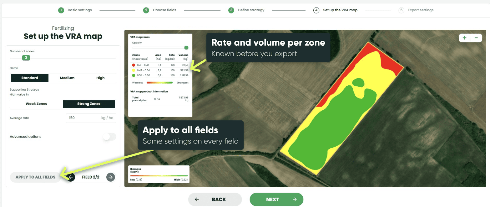 Setting up a VRA fertilizing map in the CultiWise portal, with the Apply to all fields button