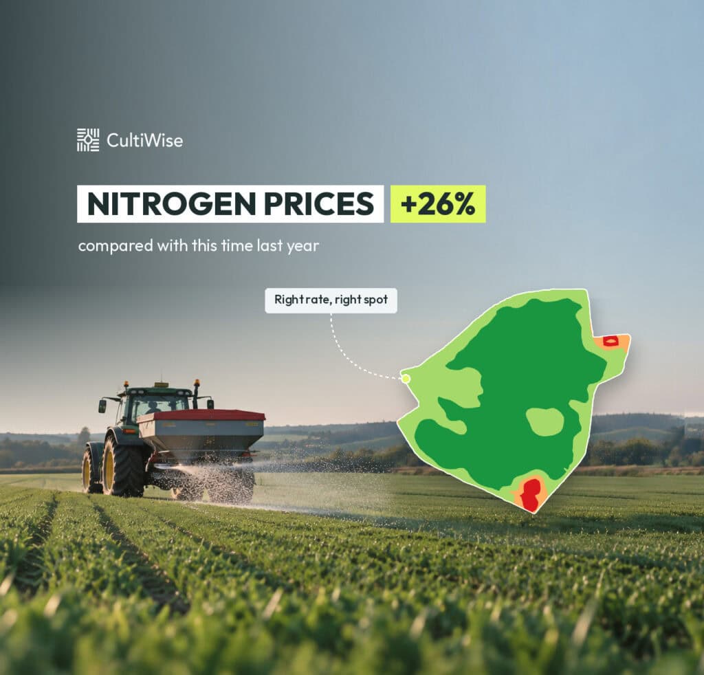 Nitrogen prices +26% compared with this time last year: fertilizer spreader in a wheat field and a CultiWise variable rate map