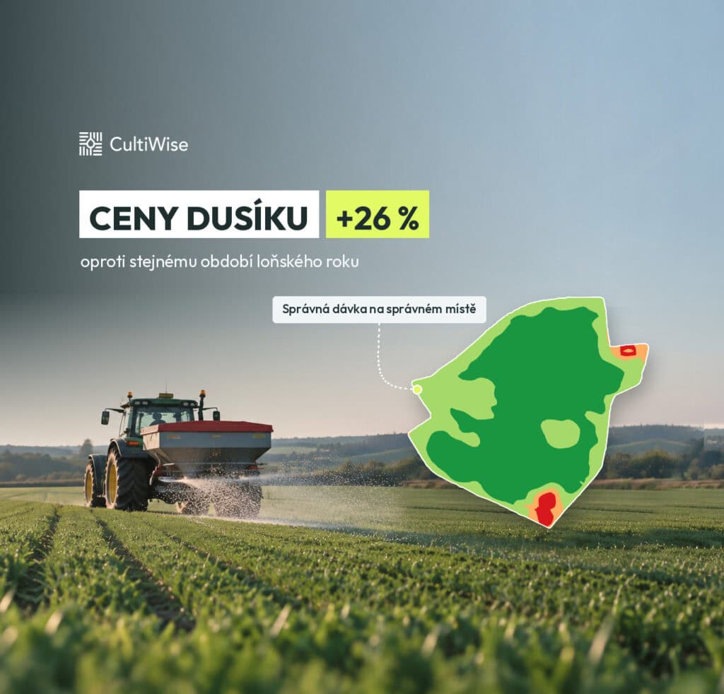 Ceny dusíku +26 % oproti stejnému období loni: rozmetadlo na poli pšenice a mapa variabilního hnojení CultiWise
